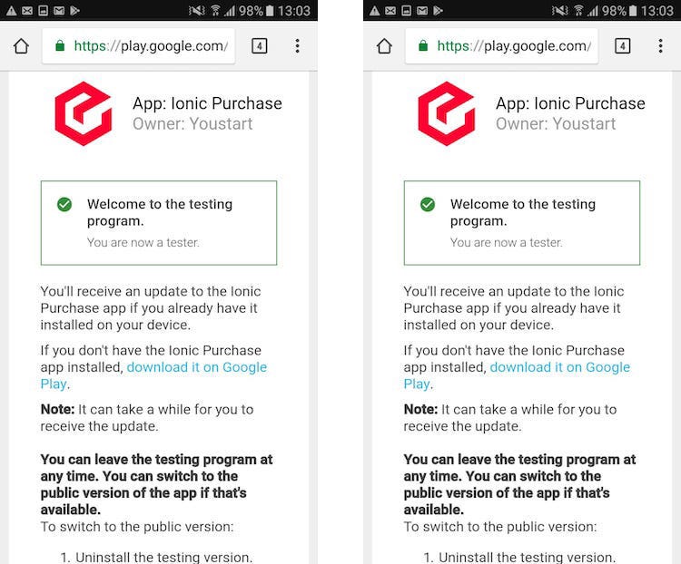 Internal testing opt in screen for Google Play testers