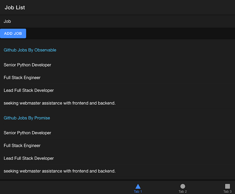 Ionic Tab Page: with List of Jobs
