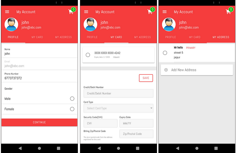 Profile, My cards and My addresses pages of Grocery buyer app — Ionic Grocery Delivery Platform