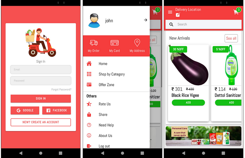 Login, Sidemenu and Home pages for Grocery buyer app — Ionic Grocery Delivery Platform