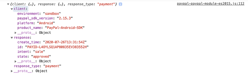 Successful payment response on Chrome console