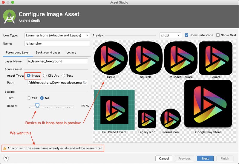 Icon selection and preview in Android Studio