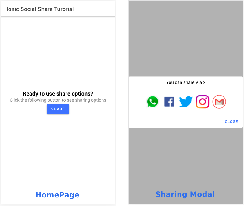 HomePage and Sharing Modal Component for Ionic 5 app