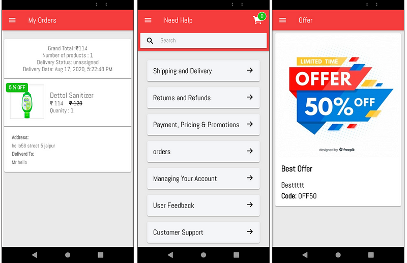 My Orders, Help and Offers pages of Grocery buyer app — Ionic Grocery Delivery Platform