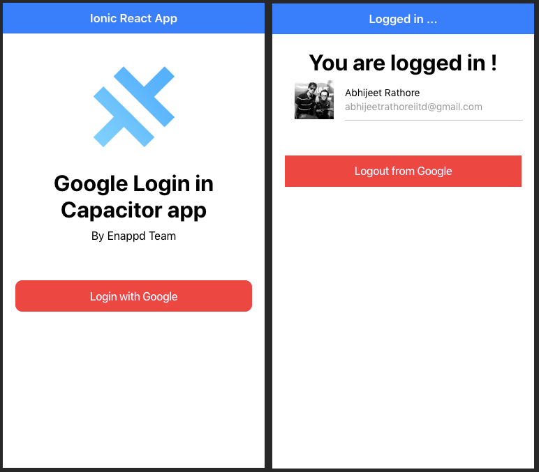 Login and Homepage for Ionic React Capacitor Google Login starter app