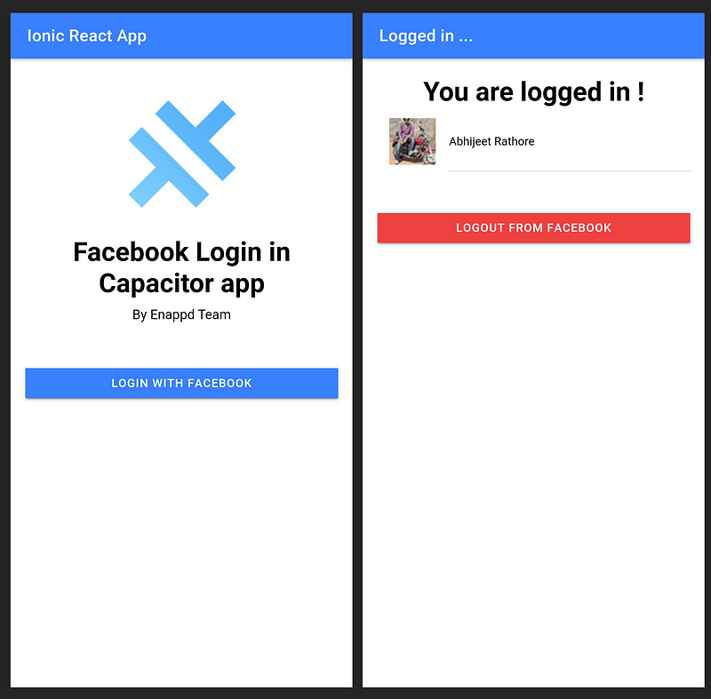 Login and Homepage for Ionic React Capacitor Facebook Login starter app