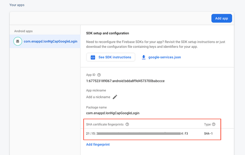 Add SHA-1 key in your Google Project’s Android App