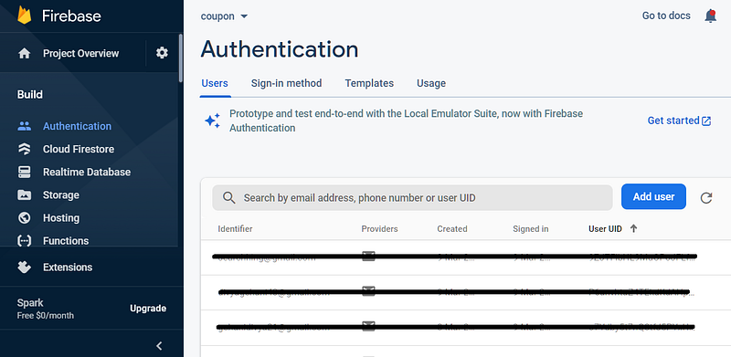 Authentication Tab in Firebase Console