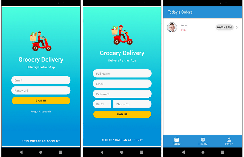 Login, signup and today’s orders pages of Ionic Grocery Delivery person app — Ionic Grocery Delivery Platform