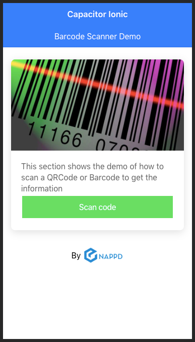 Demo home page for capacitor barcode scanning app