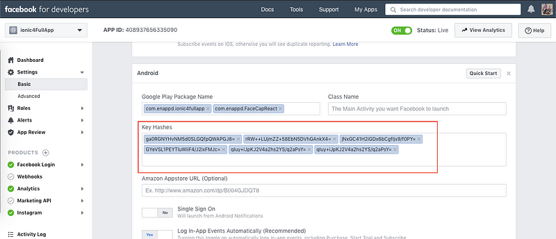 Add hash keys for Facebook login in your Ionic React Capacitor app