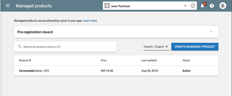 Managed products list in Google play console