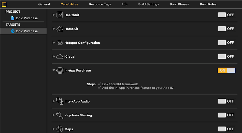 Toggle in-app purchase capability ON in Xcode