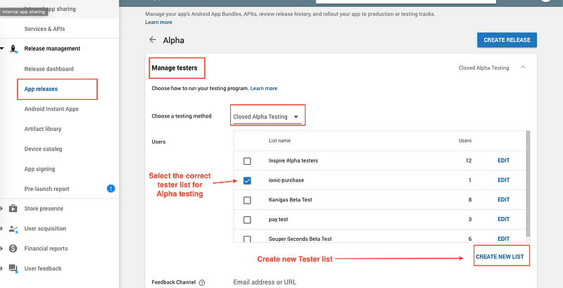 Create a new tester group for Alpha / Internal testing in Play Store console